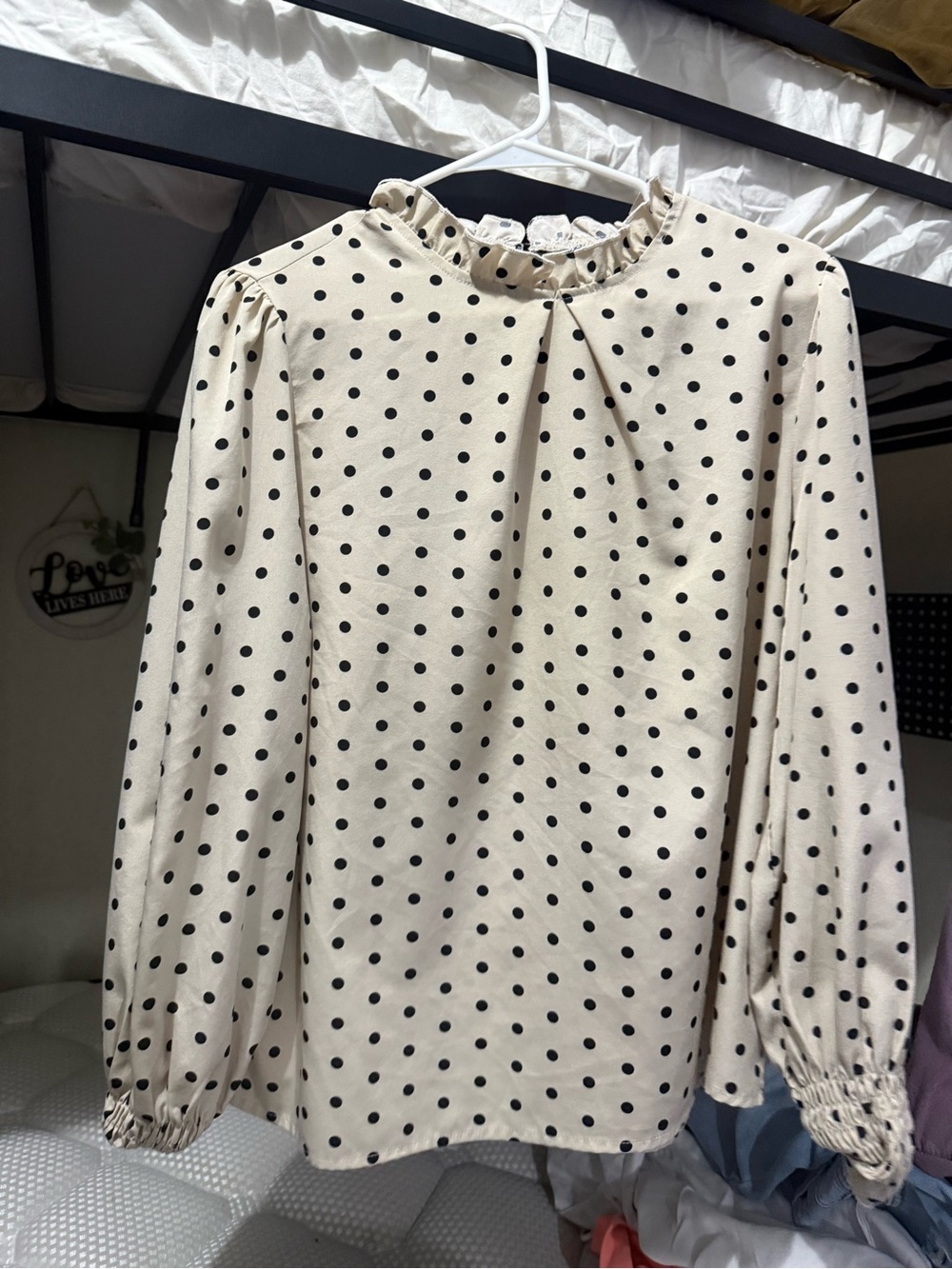 SHEIN Cream Polka Dot Ruffle Neck Blouse